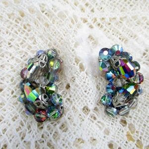 dark borealis clip-on earrings, vintage 1960s, shades of purple, green, pink